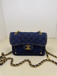 Chanel香奈兒 芯片款 23s深藍色牛仔丹寧金扣 單肩包 19cm
