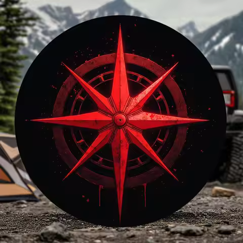 Red Compass Pattern Car Spare Tire Cover Mysterious Distressed Octagram Design Tire Cover for Campin