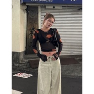 y2k y2k Women's Clothing Translucent Top Hot Girl Sweet Style Printed Round Neck Long Sleeve Slightl
