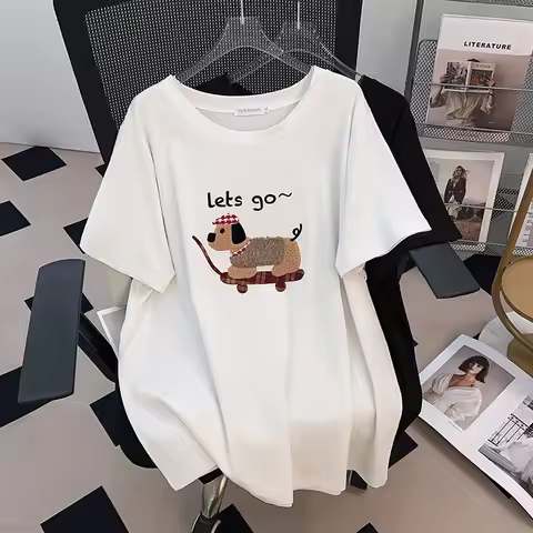 170Kg Plus Size Women's Bust 170 Summer Loose Short Sleeve Cartoon Dog T-Shirt Black White 4XL 5XL 6