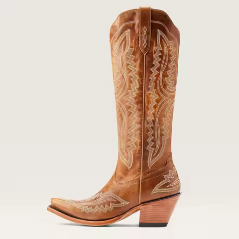 Autumn and Winter Pointed Thick High Heels, Knee Length Embroidered Western Cowboy Boots, Sizes 35-4
