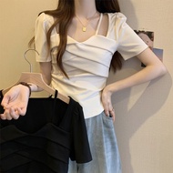 Large Size French Square Neck Square Shoulder Short-Sleeved t-Shirt Women Fat mm Cover Belly Slim-Fi