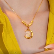 High Quality Neck Jewelry AU750 Gold 24K Jade Rabbit Watching The Moon Gold Beads Necklacecute Style