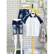 COMBO men's blue washed Jeans shorts combined with basic white polo fox, easy to wear, flattering ev