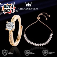 BUY 1 GET 1 Cincin dan Gelang Zirkon Simpel Warna Emas Mawar Penuh Berlian Geometris Cocok untuk Seh