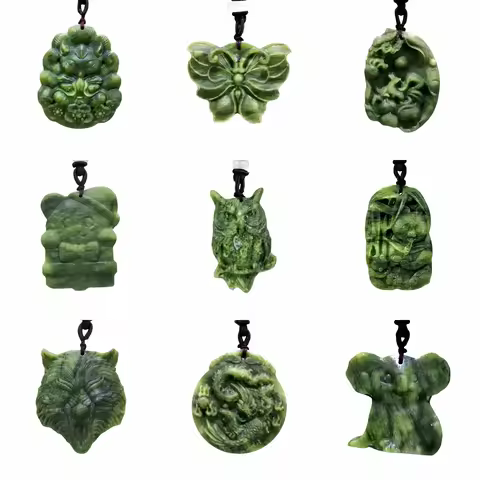 Grass Green Natural Jade Dragon Fox Owl Pendant Necklace Real Jewellery Carved Gemstone Fashion Char