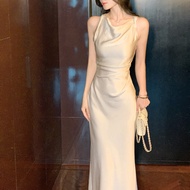 Elegant Satin Dinner Dress Bodycon Fishtail Hem Long Slip Dresses for Women Ladies