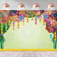 7x5ft Diwali Backdrop Green Curtain Boho Flowers Umbrella Indian Traditional Background for Wedding 