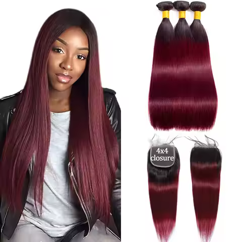 T1B/99J Burgundy Straight Human Hair Bundles and Closure 12A Brazilian Bundles With 4x4 Lace Closure