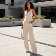 Lovito Women's Casual Button Front Asymmetrical Pants Set Solid Color Outfit LNL35035 (Apricot/Black