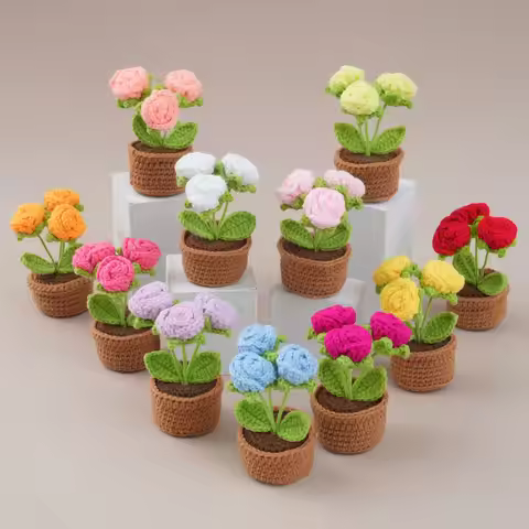 Crochet Rose Flowers Potted Knitted Flower Creative Artificial Flower Sunflowers Table Decor Crochet