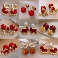 Red Diamond-Studded Pearl Earrings Cartoon Pony Earrings