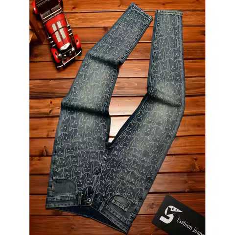 Trendy printed fashionable jeans men,, small feet, street ruff, handsome, elastic, retro blue casual