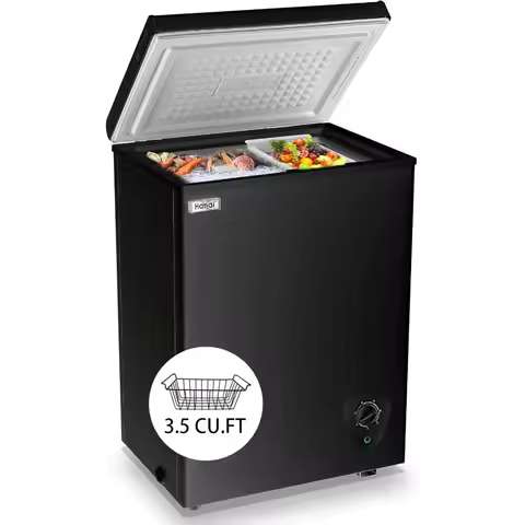 Small Deep Chest Freezer 3.5 Cu.Ft Black Mini Freezer Top Door Adjustable Thermostat Removable Baske