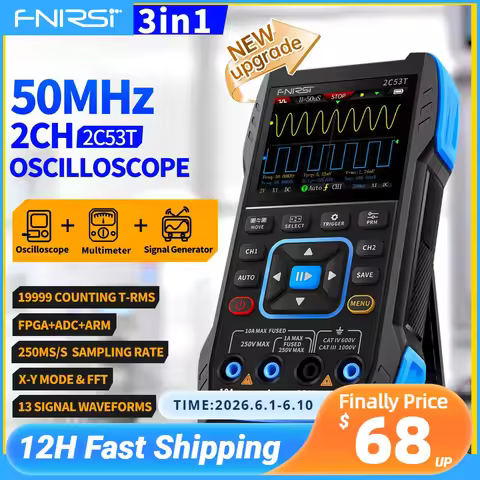 FNIRSI 2C53T Upgraded 50MHz Bandwidth 3IN1 Digital Oscilloscope Multimeter DDS Generator 2 Channel 2