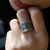 芬陀利花足銀鏨刻開口戒指 未時復古董手工s999純銀男女個性指環