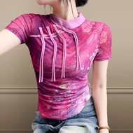 SNUG áo kiểu xinh nữ áo thun nữ 2025 Thiết kế cao cấp phong cách Trung Quốc áo thun cổ đứng tay ngắn