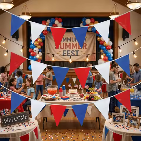 10m Red White Blue Bunting Flags Patriotic Party Banner 20x30cm Triangle Pennant Garland PE Plastic 
