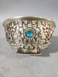 銀製雕花鑲寶石碗古玩乾隆年制款底花開富貴鍍銀鑲寶石花紋碗 家居花架裝飾碗