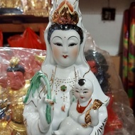 ST patung dewi kwan im guan yin gendong anak berdiri 16 inch keramik