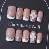 10pcs/Set Handmade Y2K Style Light Pink Acrylic Nail Stickers With 2D White Carved Patterns And Hand