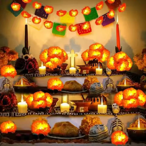 5 Ft LED Orange Marigold Garland Lights for Day of The Dead Halloween Diwali Christmas Party Home De