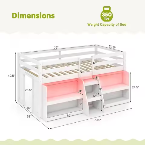 Low Loft Bed with LED Lights, Twin Loft Bed with Stairs & Safety Guardrail, Storage Bookcase and Und