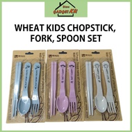 3in1 Wheat Kids Baby Utensil set Chopstick, Spoon, Fork portable sudu garfu makan