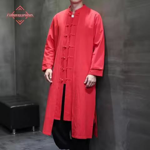Men's Trench Coat Spring Autumn Long Jacket Kung Fu Overcoat Vintage Chinese Style Long Robe Adult C