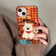 Orange Checkered Puppy Acrylic Phone Case for iPhone 16 15 14Pro 13 Mini 12 11 Pro Max XS XR 7 8 Plu