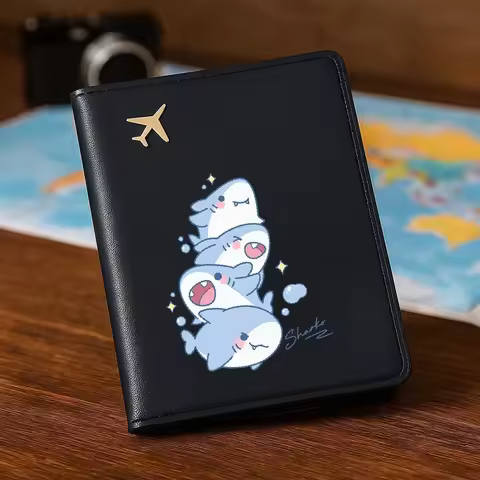 Cute Smiling Shark Pattern Passport Holder Travel Card Cover Portable Storage Pouch Ideal Birthday G