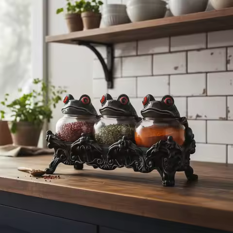 Handcrafted Witchy Frog Apothecary Spice Jars Clear Seasoning Jars 3 Piece Frog Spice Jar Set Spice