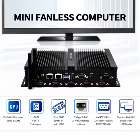 HYSTOU Industrial PC K4 Core i5-4200U Dual Lan Fanless Mini PC 6com Port VGA HD Daul Display Win7/10