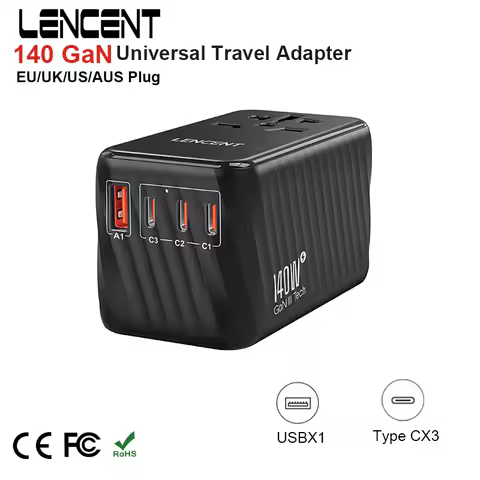 LENCENT 140W GaN Universal Travel Adapter with 1USB-A Ports 3 Type C Fast Charging Power Adapter EU/