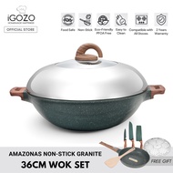 iGOZO Amazonas Non Stick Granite 36cm Wok 24cm Frying Pan Cookware Set Kuali Periuk Batu Granite Original