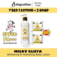 1 lotion + 2 soap 1 Milky Gluta 50x WhiteningHydrating SPF60 PA+++ Body Lotion (250ml) + 2 pcs Milky