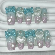 Y2K Cute Pink Green Gradient Handmade Press On Nails 3D Bow Star Heart Pearl Fake Nails Kawaii Gyaru
