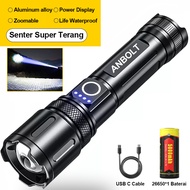 Anbolt Senter LED Super Terang Jarak Jauh 90000 lumens Zoomable Senter Tahan Lama Anti Air USB C Rec