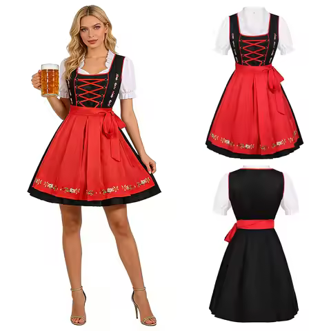 German Bavarian Oktoberfest Costumes Tops+Dress+Apron For Bavarian Oktoberfest Carnival Dirndl Beer 