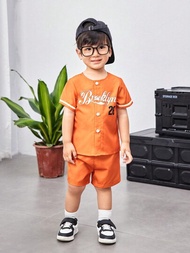 寶寶男春夏季休閒運動棒球設計短袖夾克襯衫配短褲套裝