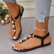 Bohemian Đính Hạt Giày Sandal Nữ Màu Nguyên Chất Đeo Túi Dép Đế Cao Su Thoải Mái Trưởng Thành Giày Đ