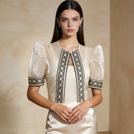 Amyenjoylife Filipiniana Inspired Top Stand-Up Collar Puff Sleeves Women’S Shirt Barong Tagalog Bre