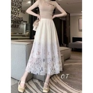 Qccc Imported Star Flower Long Chiffon Skirt with Elastic Waistband Under 60kg Skirt Length 84cm Wom