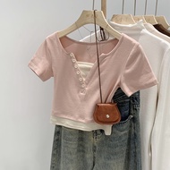 Y6Y-Stylish V-Neck Button-Down Shirt For Women In Summer Short-Sleeved T-Shirt Show In The Middle Of