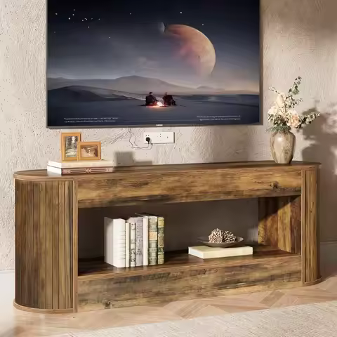 63" TV Stand with Storage for 55/60/65/75 Inches TV, 2-Tier Farmhouse Television Stands with Fluted 