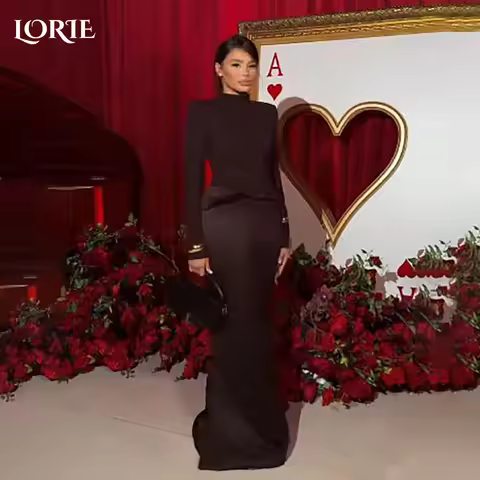 LORIE High Collar Evening Dress Ruch Long Sleeve Floor Length Princess Prom Dresses Pleats Illsion A