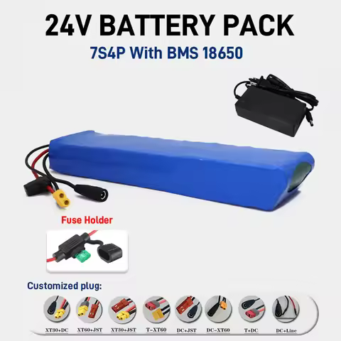 Equipped with 15A BMS 24V lithium battery pack 18650 7S4P 12Ah rechargeable with fuse holder+29.4V c