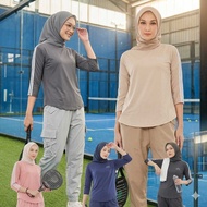 Baju Jersey Atasan Olahraga Wanita Muslim Lengan 7/8 Outfit Sport Jogging Ngegym Senam Gowes Padel K