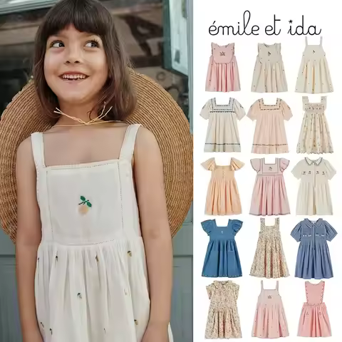 2026 New émile et ida Style Kids Embroidered Dress Lemon Fruit Embroidery Baby Girl Linen Sundress C