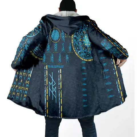 2025 Winter Fashion Men's cloak Odin Tattoo Vegvisir Rune 3D Printed Thick Fleece Hooded Cloak Unise